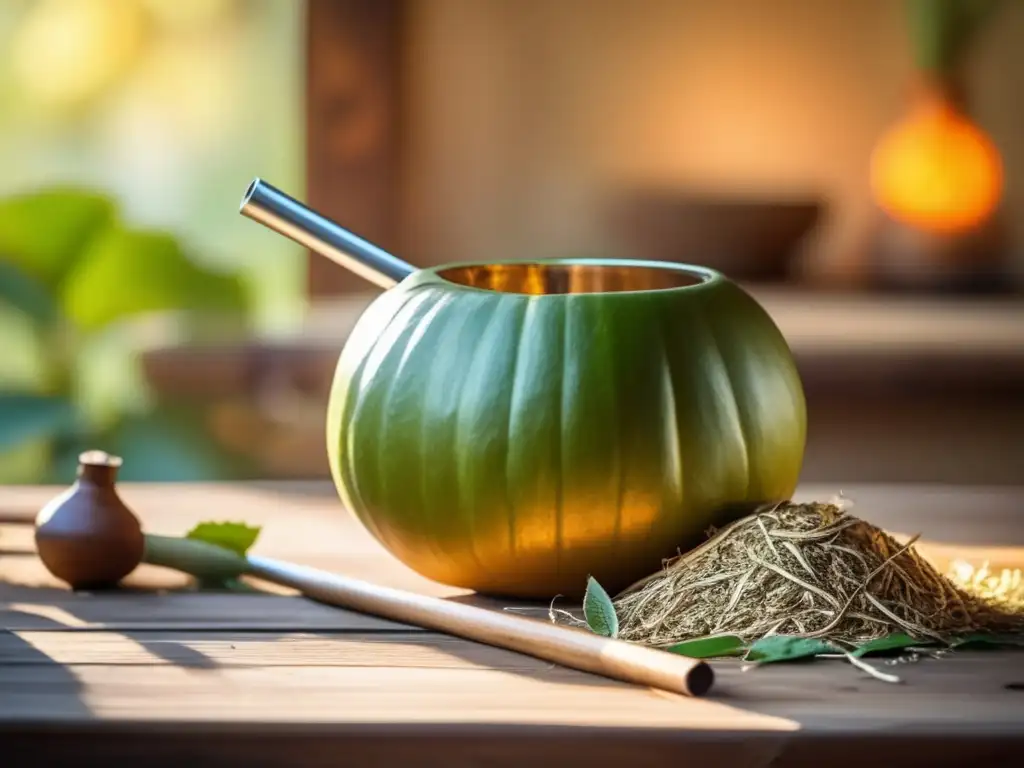 Tradicional mate y bombilla en una mesa rústica con paisaje verde - Cultivo de Yerba Mate según Estaciones