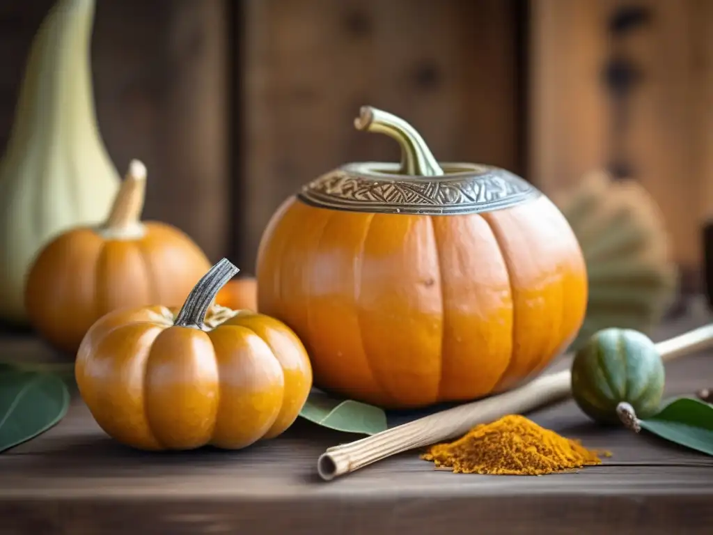 Tradicional mate gourd y bombilla en mesa de madera rústica