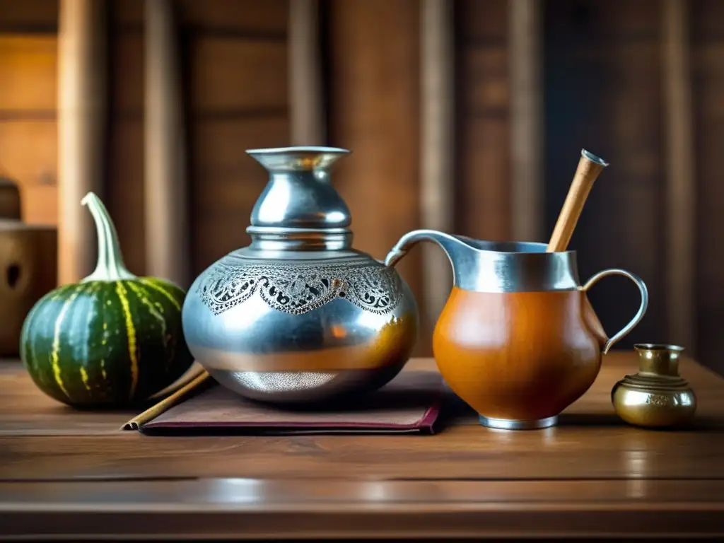 Tradicional mate gourd y bombilla en mesa de madera: Beneficios del mate para los huesos