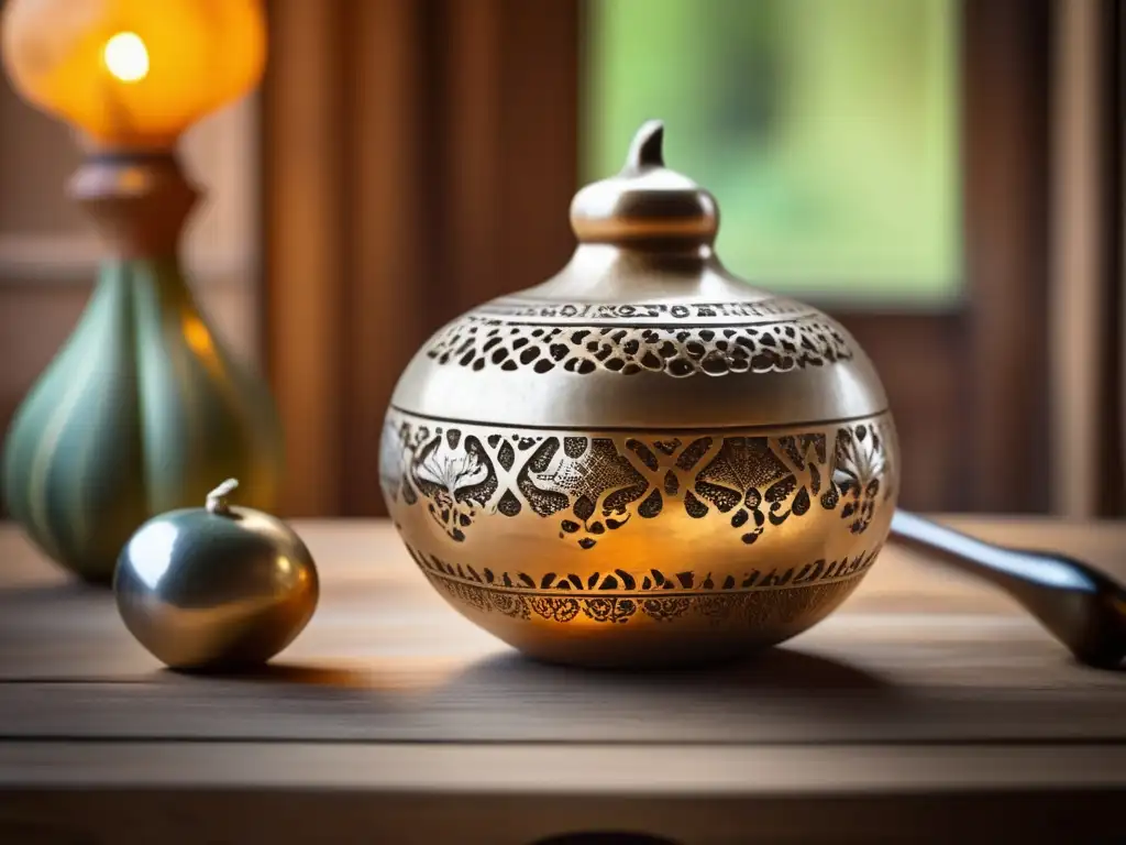 Tradicional mate gourd con bombilla en una mesa de madera rústica