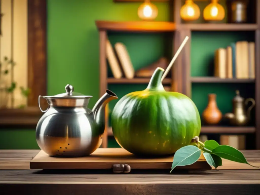 Tradicional preparación del mate Tradicional mate gourd y bombilla en mesa rústica con yerba mate, creando efecto visual