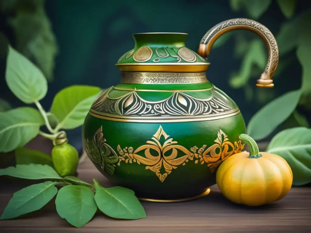 Tradicional mate gourd y bombilla con temperatura ideal, rodeados de hojas de yerba mate verde y con detalles ornamentados