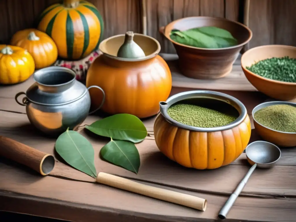 Preparación tradicional de mate en Brasil con calabazas y bombillas artesanales