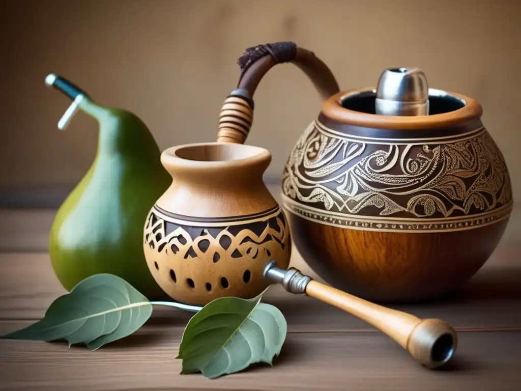 Preparación tradicional de mate: Detalles vintage, gourd de madera tallada, bombilla de plata, ambiente nostálgico