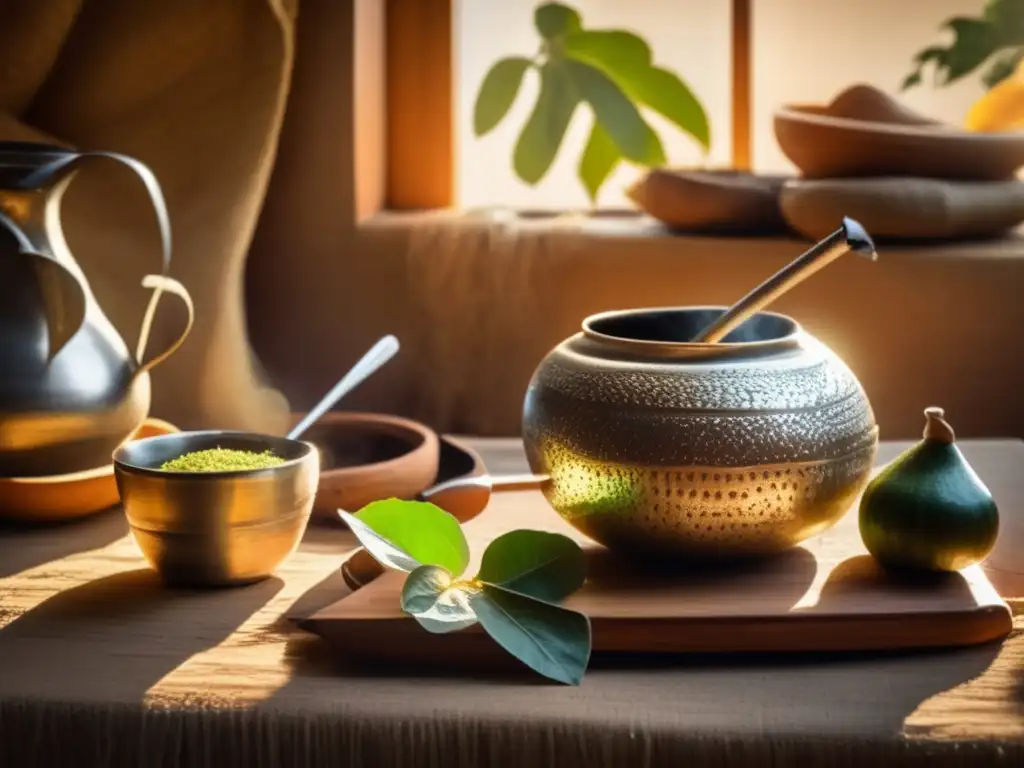 Cozy setting with traditional mate gourd, yerba mate, and silver mate ring