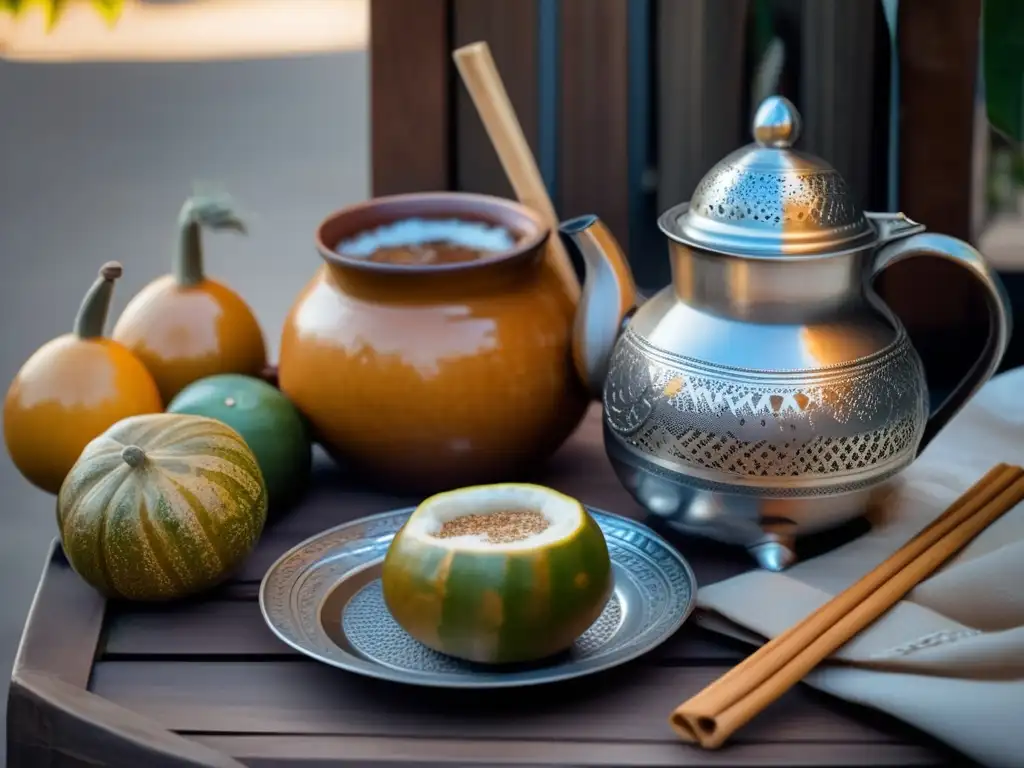 Tradicional mate dulce en entorno acogedor con detalles plateados y pastelería argentina