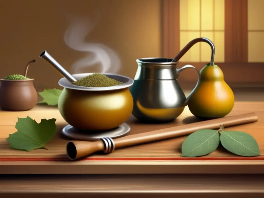 Preparación tradicional de mate: escena vintage con gourd, bombilla, infusiones y estantería de yerba mate