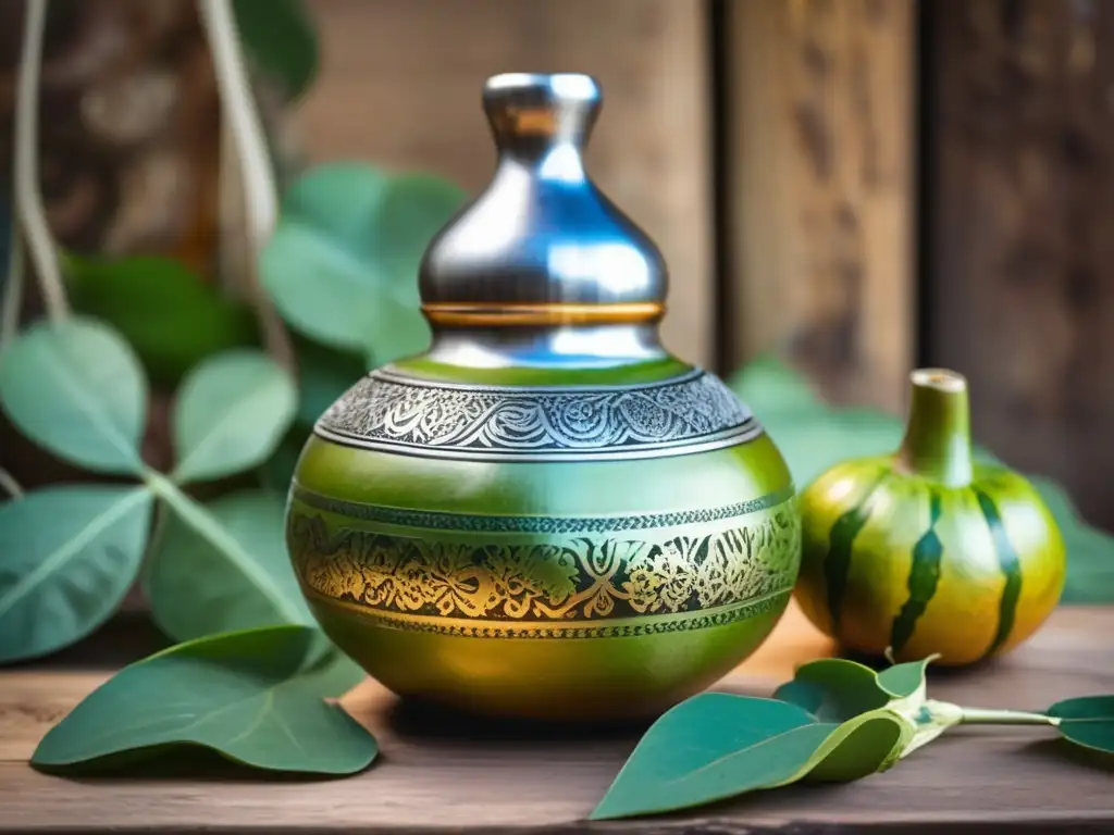 Preparación tradicional del mate: esencia cálida y nostálgica con mate gourd y bombilla vintage en mesa rústica rodeada de hojas de yerba mate verde