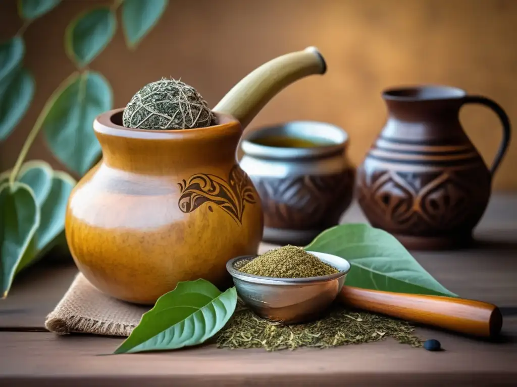 Preparación tradicional de mate con gourd de madera, yerba mate y bombilla