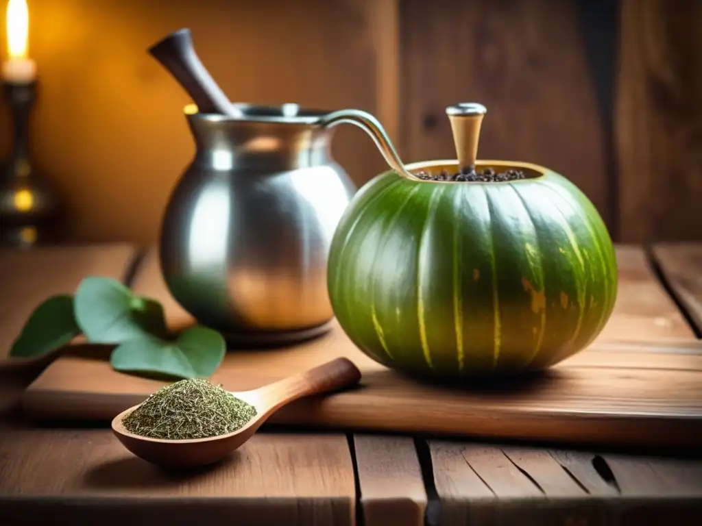 Tradicional mate de madera con yerba mate y bombilla, en una mesa rústica