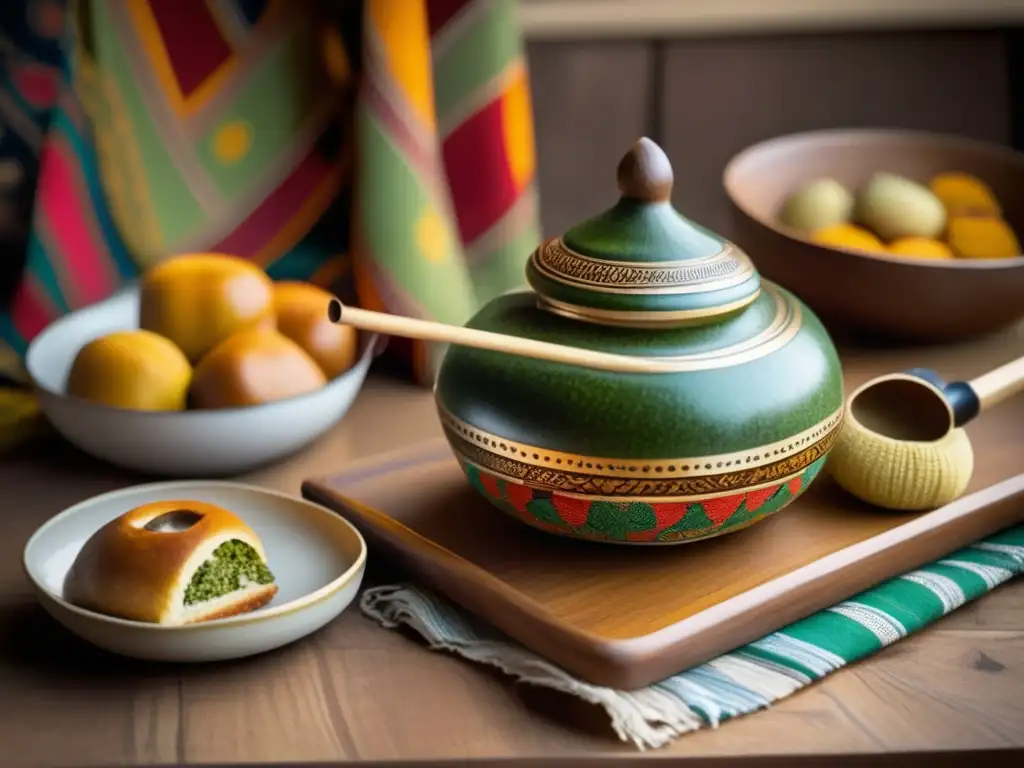 Tradicional preparación de mate, con mesa de madera, gourd, bombilla, pasteles y silla rústica