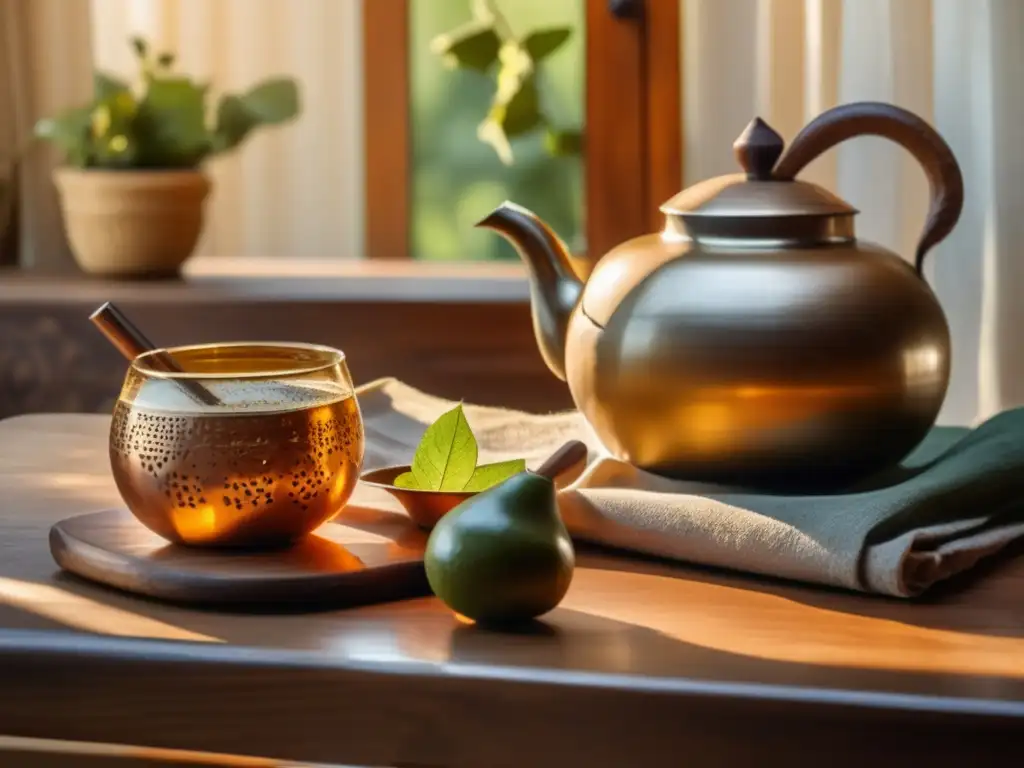 Preparación tradicional del mate en una mesa de madera vintage con elementos clásicos - Mate en la mixología moderna