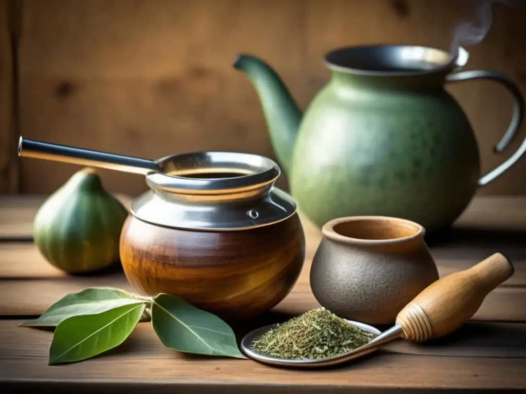 Preparación tradicional de mate con mesa de madera rústica, yerba mate, bombilla y agua caliente