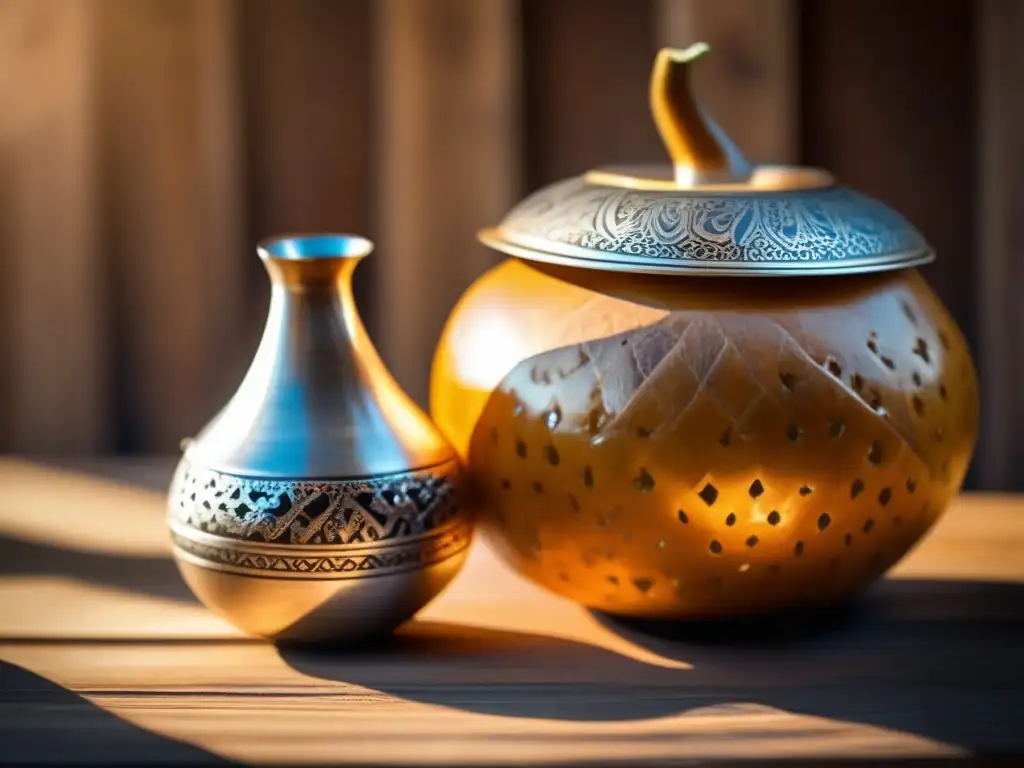 Preparación tradicional del mate paso a paso: mate gourd, bombilla, mesa de madera rústica, rayo de sol, yerba mate