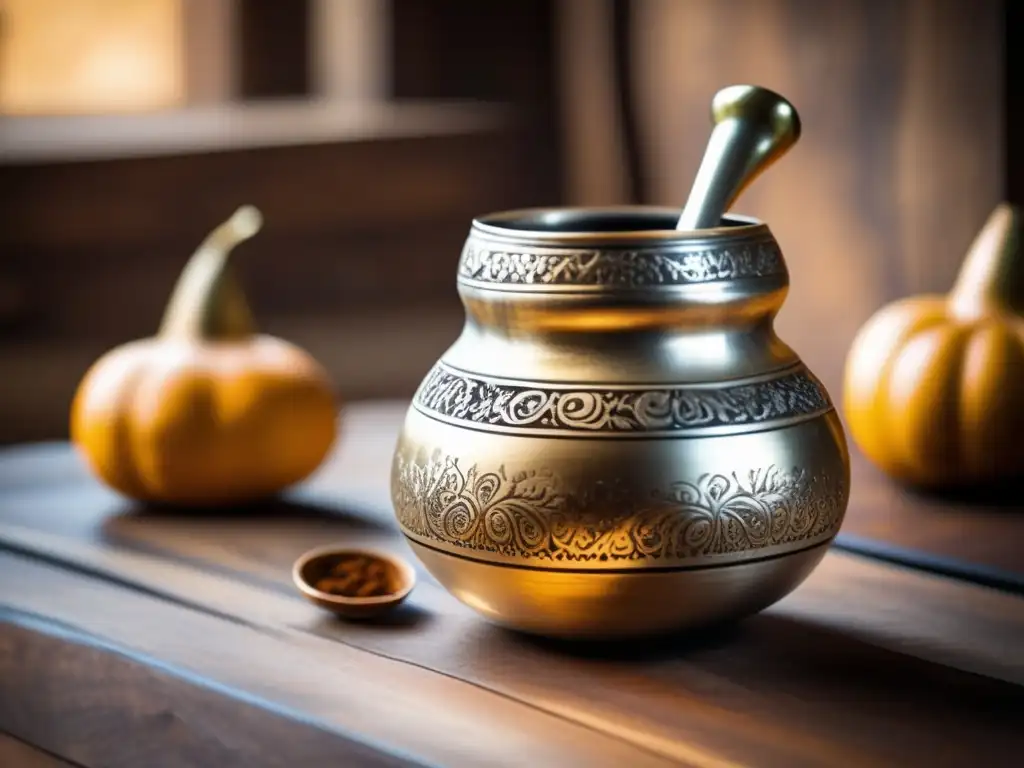 Tradicional mate de plata con grabados y detalles decorativos, sobre mesa de madera antigua