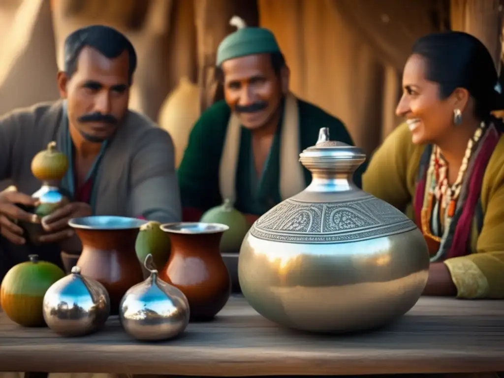 Tradicional mate rioplatense con detalles de plata y personas compartiendo en una reunión cultural - Marcas rioplatenses de mate en el mercado global