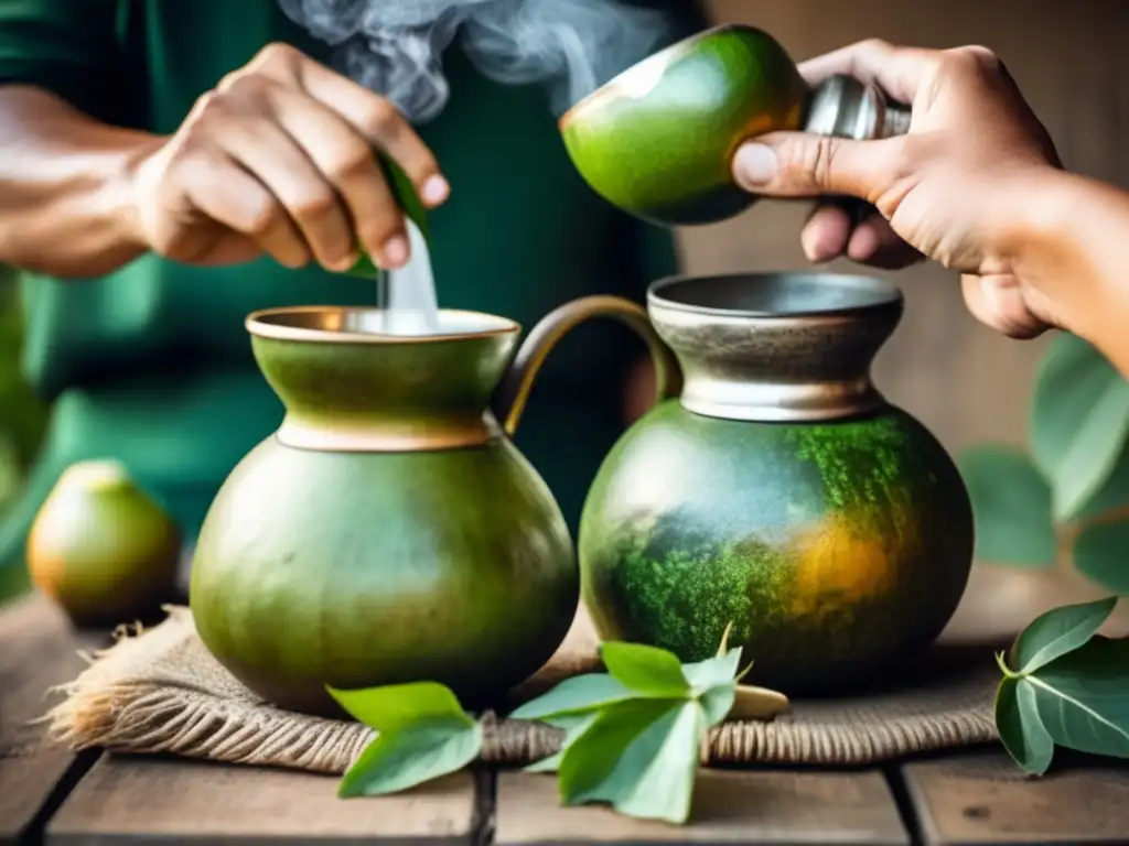 Preparación tradicional de mate rioplatense con manos, mate y utensilios antiguos en una mesa de madera