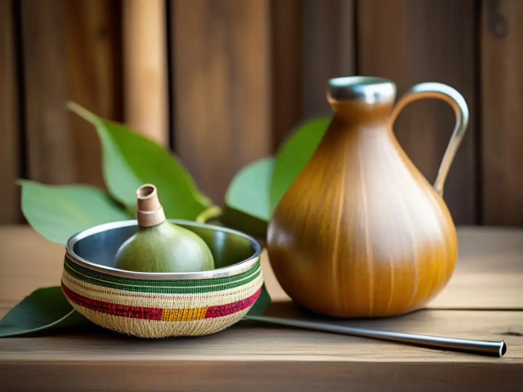 Tradicional mate con yerba, bombilla y azúcar en mesa de madera rústica