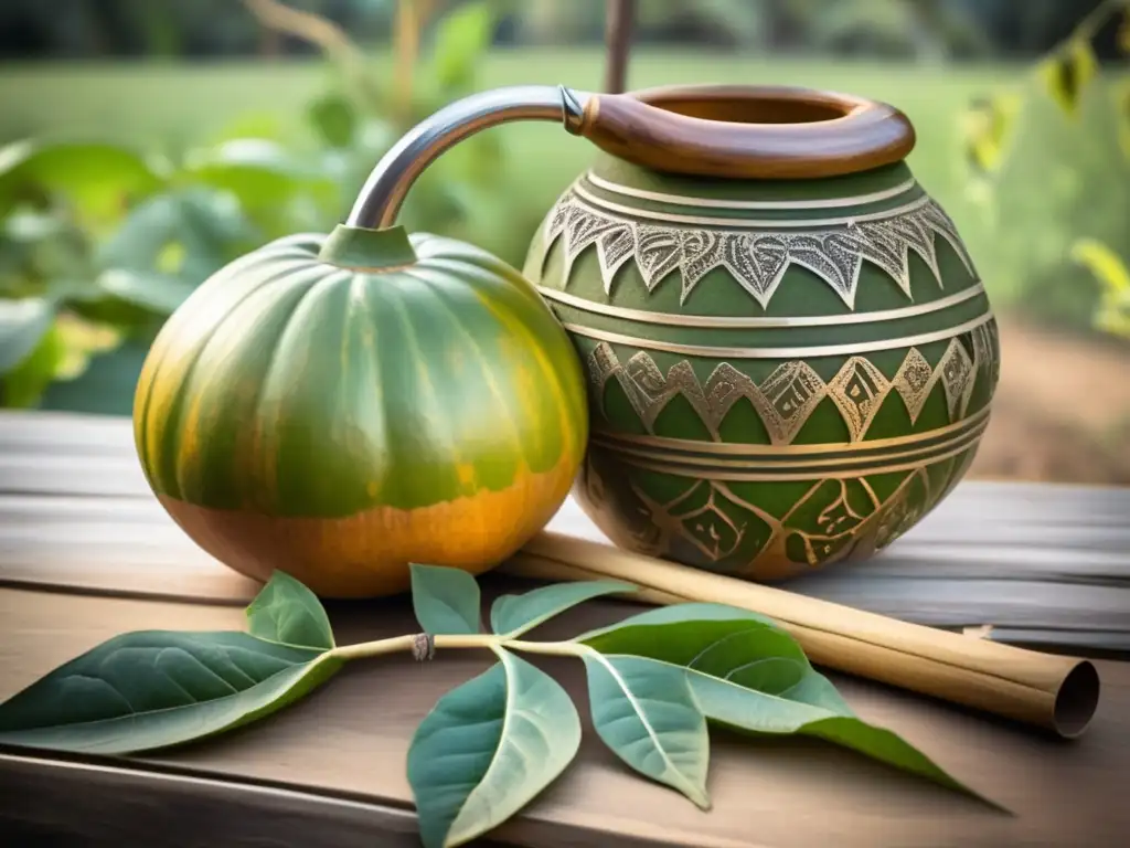 Tradicional mate gourd con yerba mate, bombilla y plantación de árboles de yerba mate - Proceso de cosecha y preparación de la yerba mate