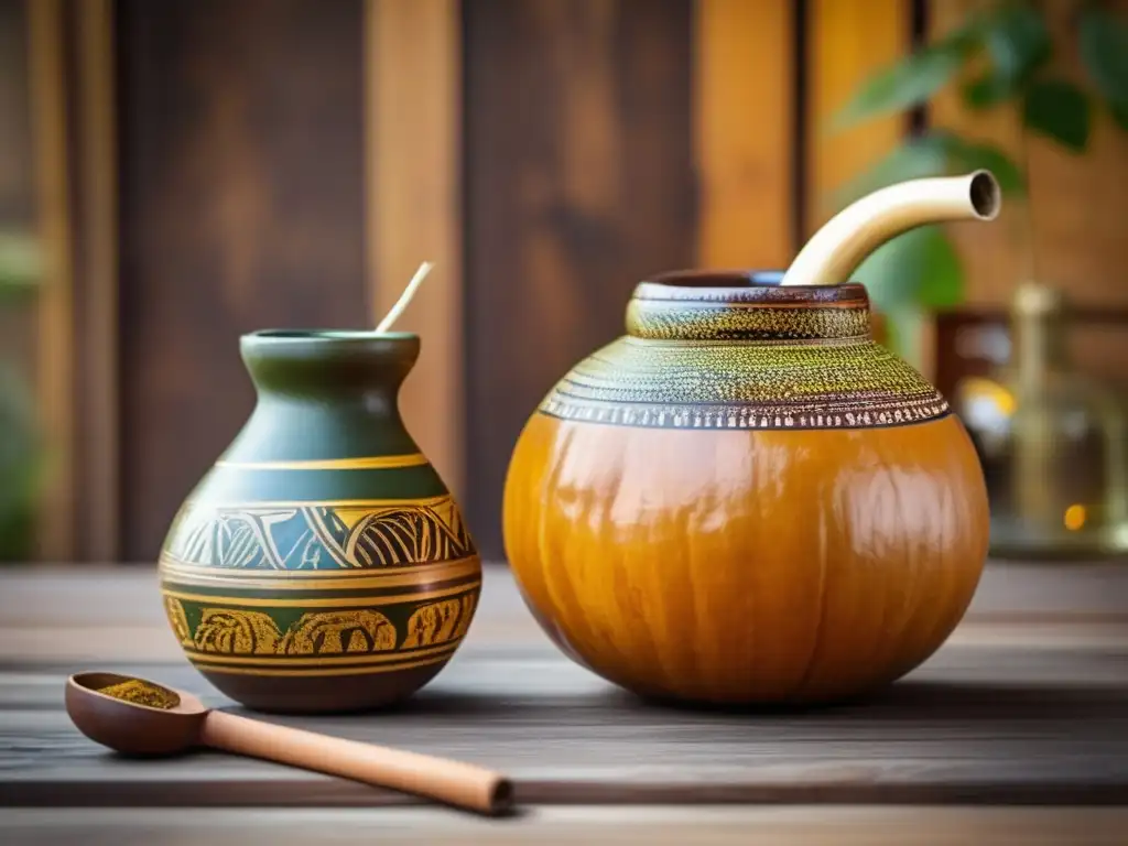 Tradicional mate gourd con yerba mate rioplatense y bombilla en mesa de madera rústica - Variedades de yerba mate rioplatense