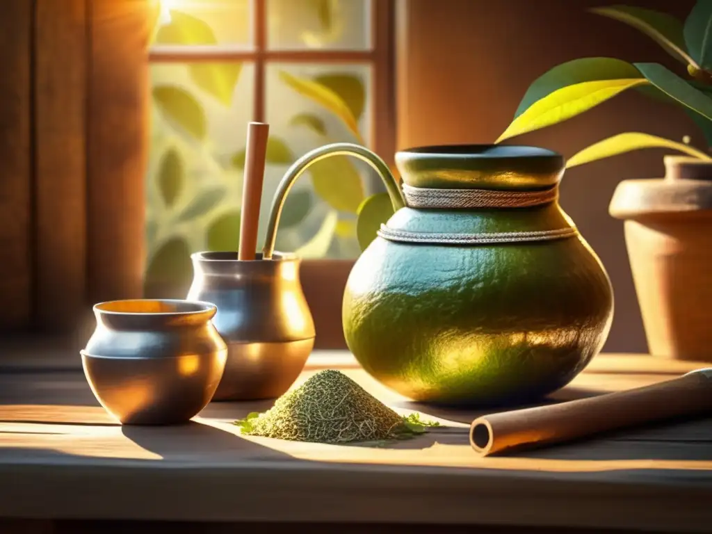 Escena tradicional de preparación de yerba mate Preparación tradicional de yerba mate: mesa de madera rústica, mate, bombilla, yerbatera y manos adornadas