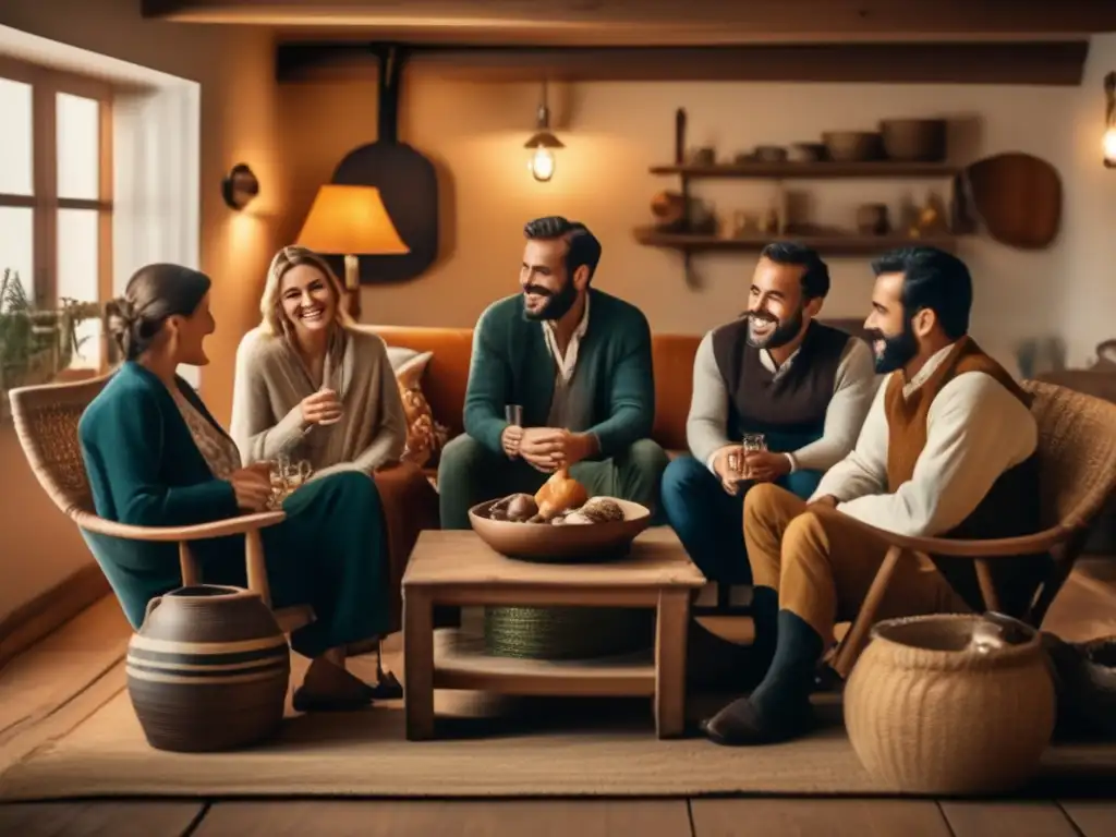 Tradicional reunión de mates: amigos disfrutando del mate en un acogedor salón vintage