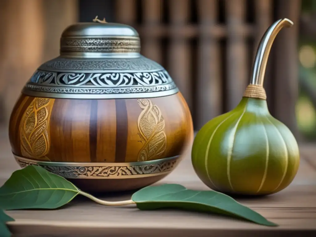 Mate tradicional con detalles exquisitos Preservación autenticidad yerba mate tradicional - Mate gourd, bombilla, diseño tradicional, hojas mate, luz cálida