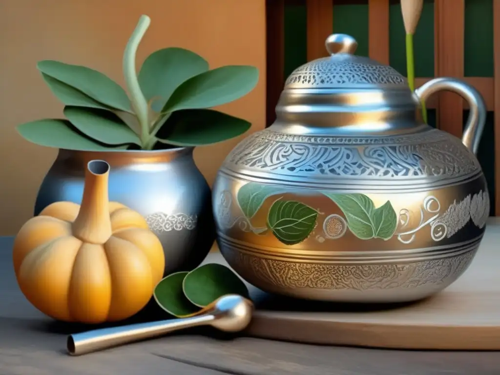 Inclusión social a través del mate: una pintura vintage muestra un patio tradicional argentino con una mate gourd plateada y elementos culturales