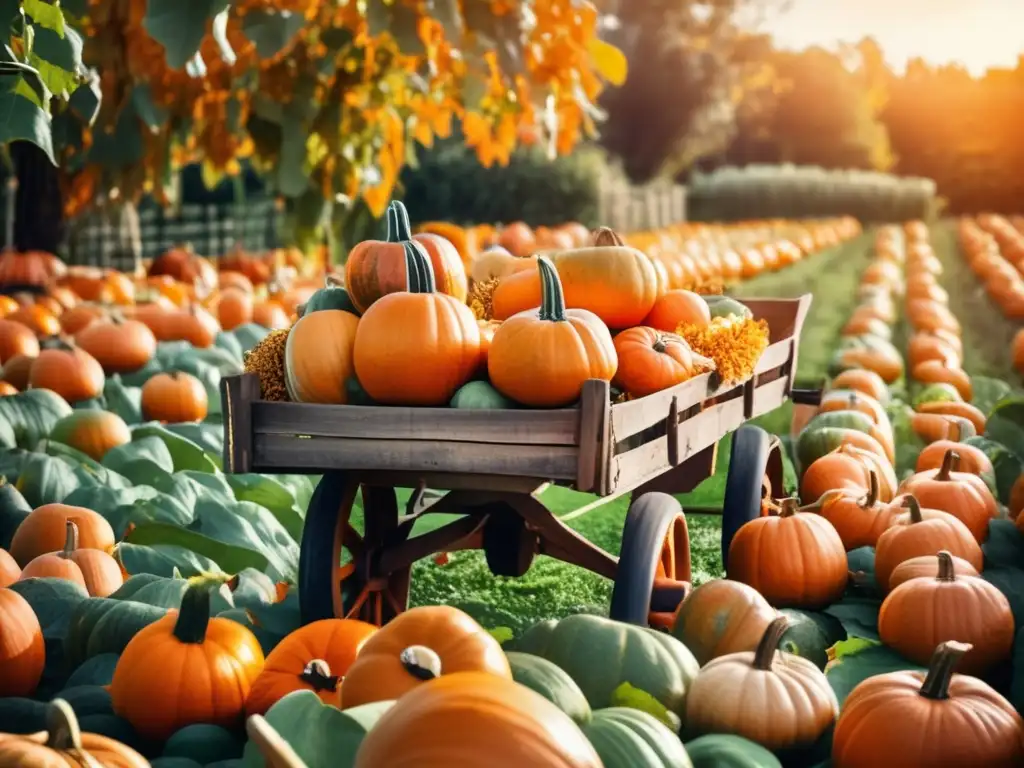 Impresión tridimensional de calabazas mate en un encantador campo de otoño