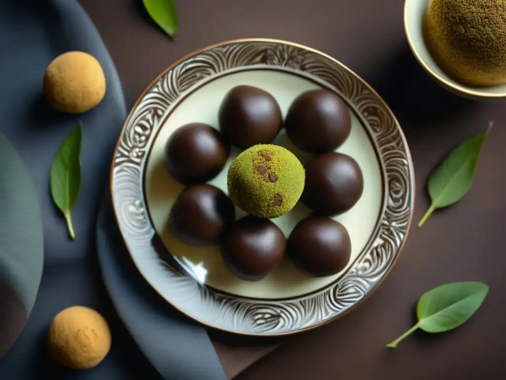 Trufas de yerba mate: tentadoras delicias de chocolate oscuro con decoraciones de hojas de yerba mate, capturadas en una imagen vintage