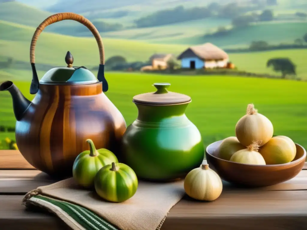 Turismo rural mate tradición rioplatense: Escena vintage con mesa de madera rústica, mate, bombilla y termo en el campo