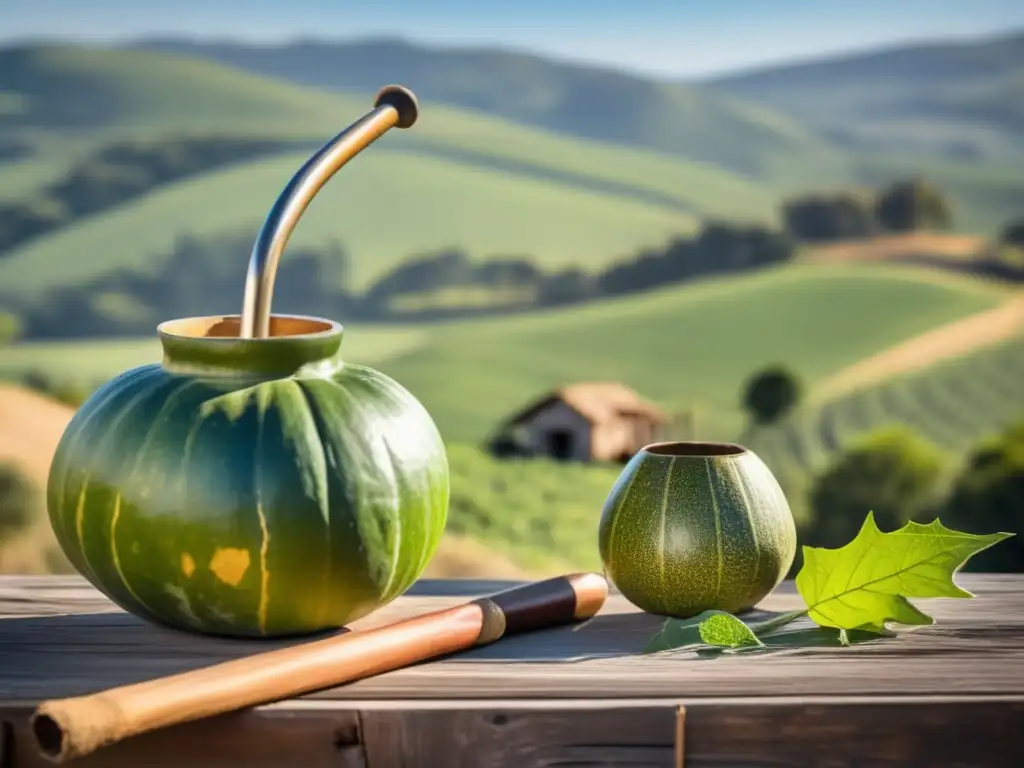 Utensilios para mate en la era digital - Imagen vintage de un mate tradicional con yerba mate y bombilla en una mesa de madera