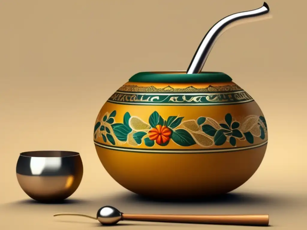 Utensilios de mate diseño innovador: gourd y bombilla con decoración floral, yerba mate, vapor y textura sepia