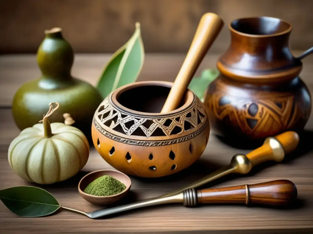 Utensilios mate tradición rioplatense - Mate gourd, bombilla, y más utensilios y artefactos relacionados con el mate en una imagen vintage