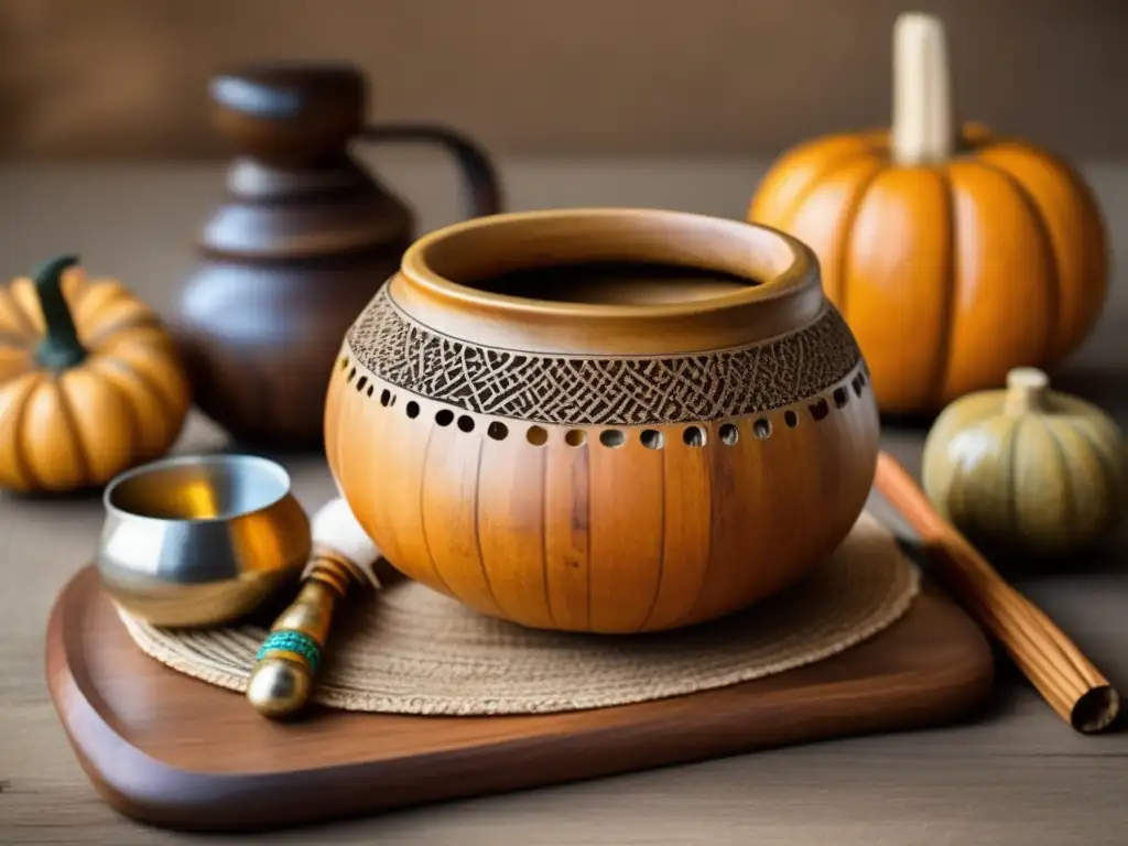 Utensilios de mate en región rioplatense: mesa de madera vintage con mate, calabaza tallada, bombilla y otros accesorios