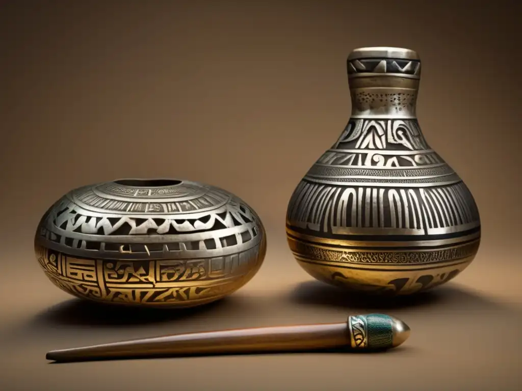 Utensilios precolombinos para mate tradicional, gourd y bombilla detallados con simbolismo histórico y artesanía excepcional