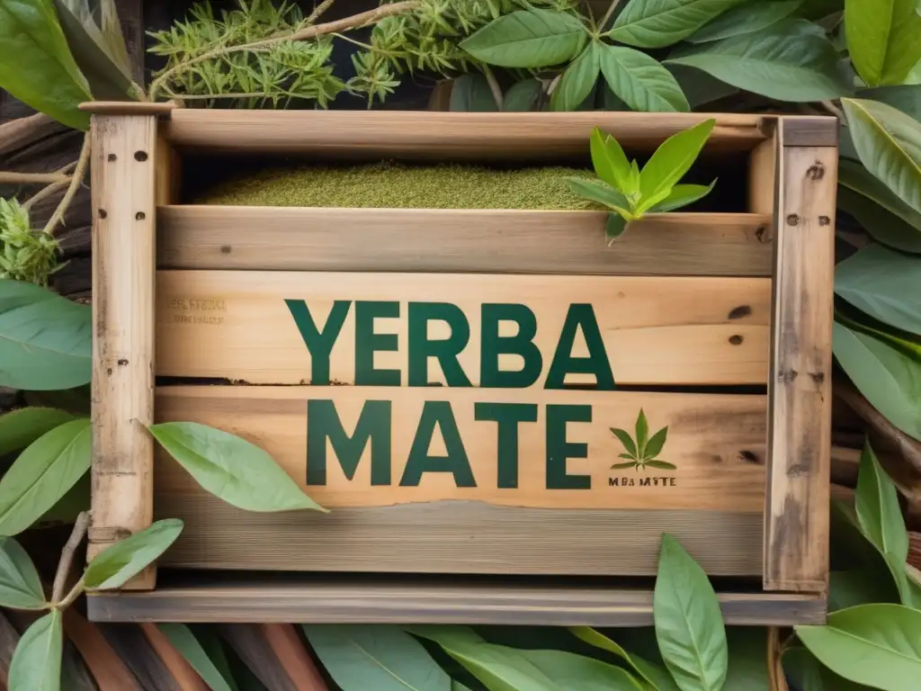 Valorización subproductos planta yerba mate: caja vintage repleta de yerba mate seca, hojas verdes y ramas con textura leñosa