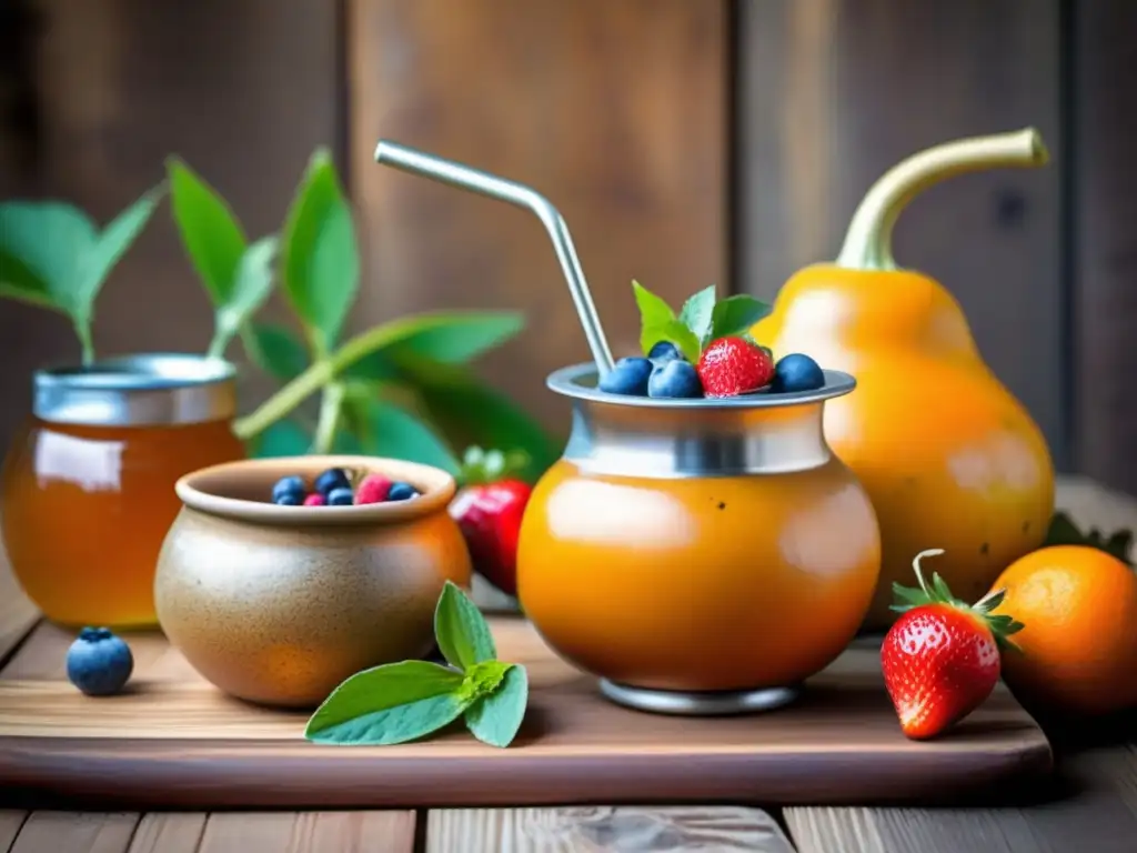 Variaciones dulces del mate tradicional en una imagen vintage de mate con frutas y stevia en una mesa rústica