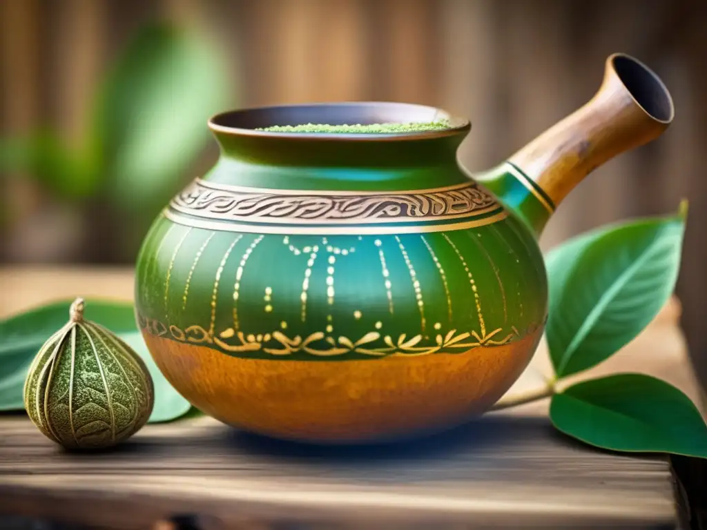 Variedades de yerba mate tradicionales en una imagen vintage de una tradicional calabaza y bombilla reposando en una mesa de madera rústica