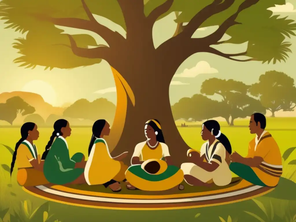 Tradición mate Brasil fútbol: Guarani grupo, vestidos tradicionalmente, conversan alegremente bajo árbol, mate en mano