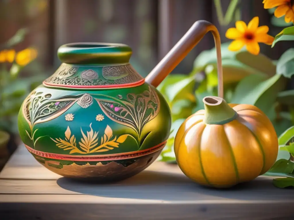 Mate en vida nómada: gourd, bombilla, hojas verdes, flores coloridas, mesa rústica, historia y tradición