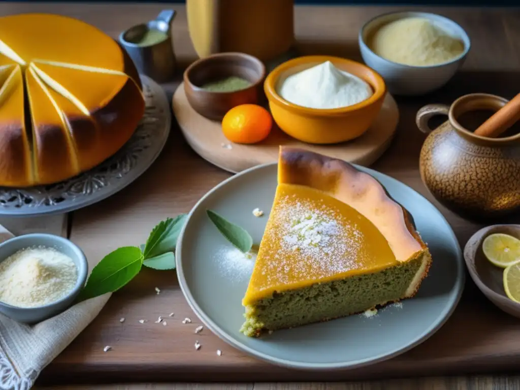 Vintage cocina con bizcocho, medialunas y tarta de yerba mate