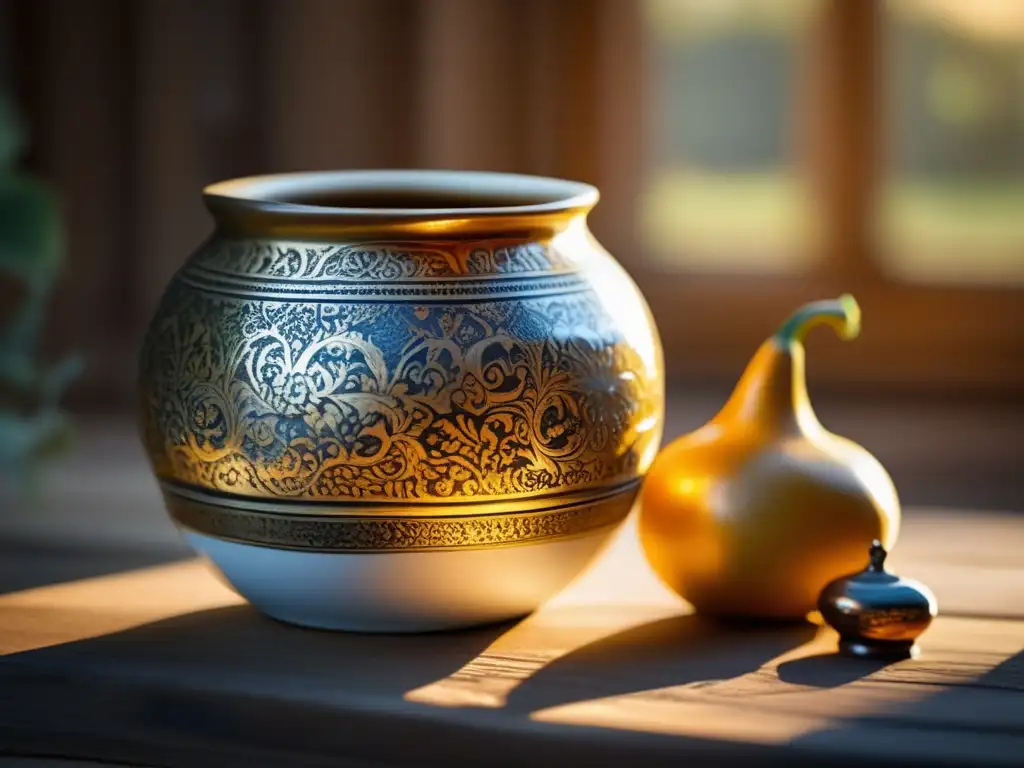 Tradición del mate en Buenos Aires: Mate gourd vintage con detalles florales pintados a mano, sobre mesa de madera en ambiente rústico