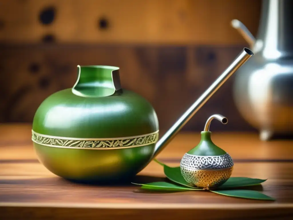 Tradicional mate con bombilla en mesa de madera Yerba mate: Beneficios nutricionales y tradición