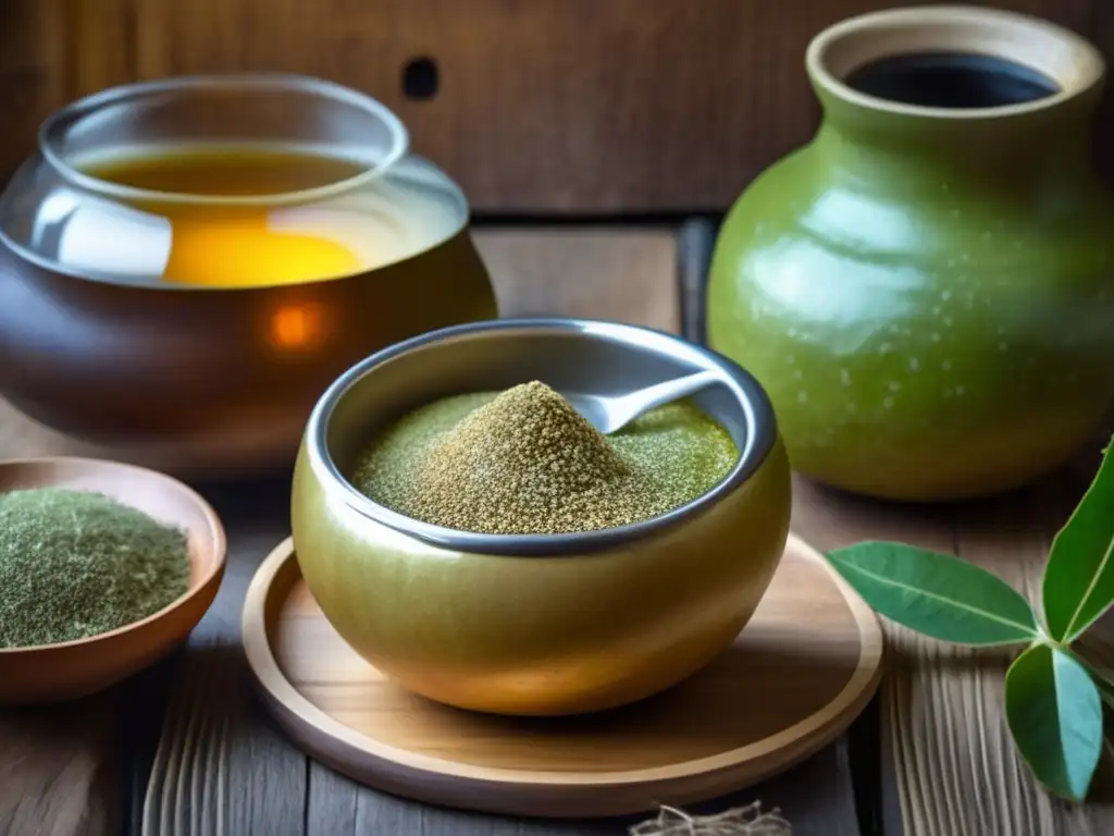 Yerba mate gourd, bombilla, bizcochos y masas finas con incorporación de yerba mate en panificación en mesa rústica -