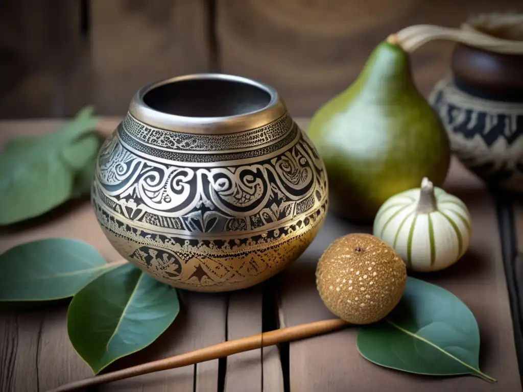 Yerba mate gourd and bombilla, con motivos indígenas y hojas de yerba seca, iluminación cálida