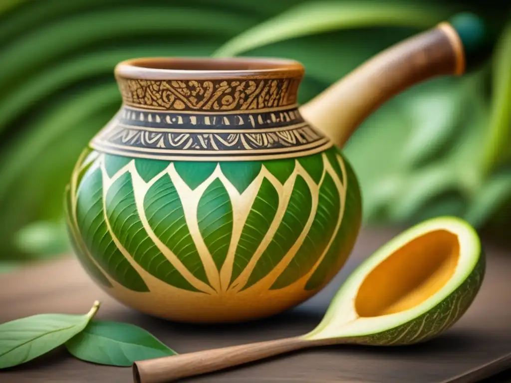 Yerba mate: gourd y bombilla tradicionales, detalles intrincados y colores vibrantes, evocando tradición y artesanía