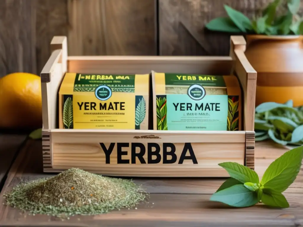 Yerba mate: caja de madera vintage llena de yerbas compuestas saludables con sabores variados, como cítricos, menta, bayas y vainilla
