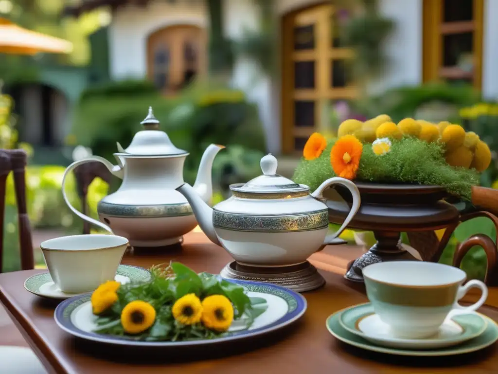 Mesa elegante con yerba mate y gourmet Yerba mate gourmet en alta cocina, mesa elegante con vajilla y teapot rodeada de platos inspirados en esta bebida argentina