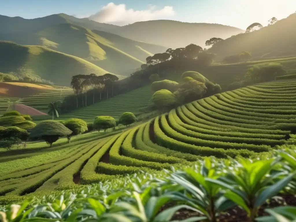 Evolución de la yerba mate: escena detallada de una plantación tradicional con trabajadores recolectando hojas frescas